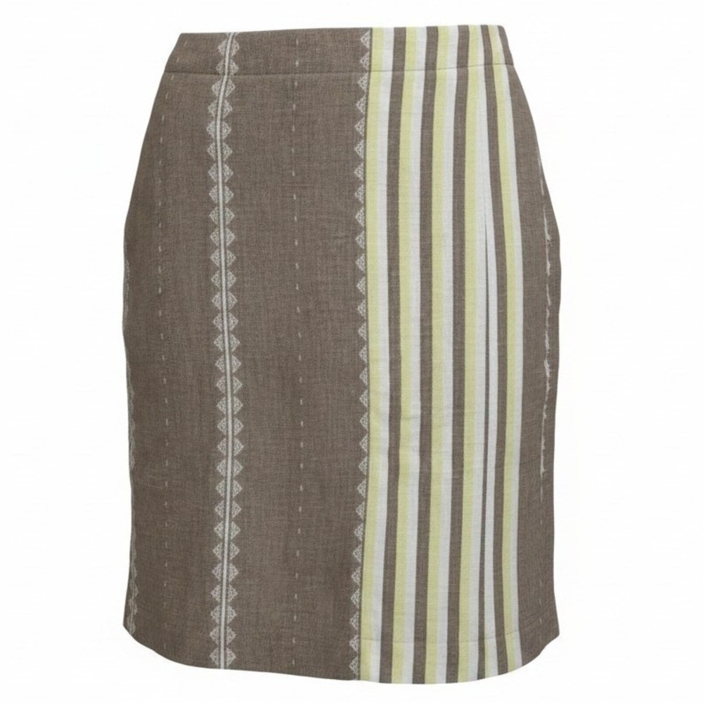 J. Jill Pencil Skirt Womens S Small Brown Yellow Striped Linen Blend Embroidered